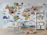 Playful world tour animal wall mural

