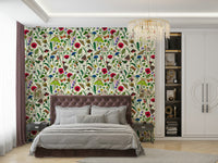Wildflower and moth wallpaper design with natural motifs.


