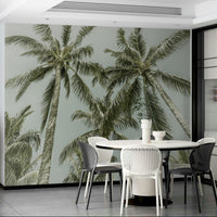 Serene palm mural in vintage watercolor tones

