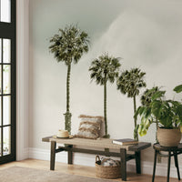 Retro beach mural featuring palm trees and waves

