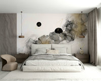 Abstract cosmic design in vibrant hues on wall mural.

