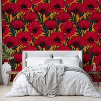 Warm orange wallpaper with red poppies floral design

