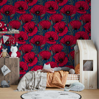 Dark blue wallpaper with red poppies floral design

