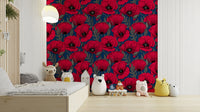 Bold red poppies design on dark blue wallpaper

