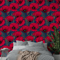 Red poppy flowers on dark blue wallpaper design

