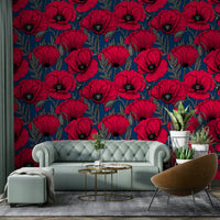 Floral red poppies on rich dark blue wallpaper

