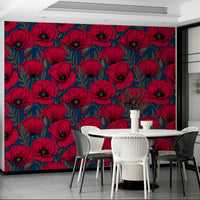 Elegant red poppies pattern on dark blue wall

