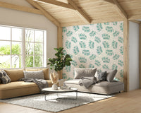 Calm aqua wallpaper with tropical palm detail

