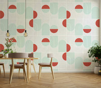 Modern living room with bold geometric wall design

