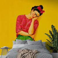 Golden abstract mural with warm botanical elements

