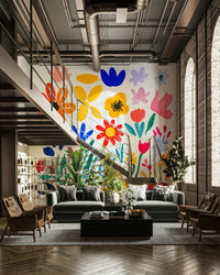 Living room mural with expressive Matisse flower art

