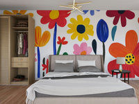 Art-inspired wall mural featuring whimsical flower shapes


