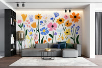 Colorful floral shapes in abstract garden mural design

