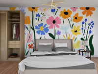 Modern living space with abstract garden wall mural

