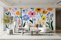 Oversized flowers and leaves in modernist mural style

