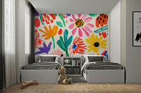 Matisse-inspired flower mural with bright cut-out shapes

