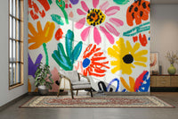 Colorful abstract garden mural with Matisse-style blooms

