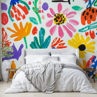 Joyful flower mural in coral, yellow, and teal tones

