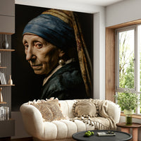 Contemporary wall mural inspired by iconic pearl earring painting

