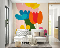 Colorful mid-century wall mural in living room setting

