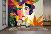 Gallery-style wall mural with abstract woman and flowers

