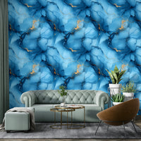 Contemporary living room featuring river-like wallpaper

