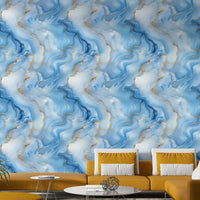 Living room styled with Azure & Gold Fluidity wallpaper

