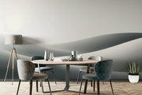 Living space with flowing dune-inspired mural design

