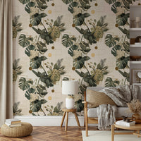 Botanical Geometry Wallpaper with leaves and lines


