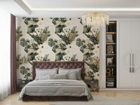 Close-up of geometric pattern layered with tropical leaves

