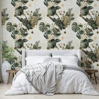 Modern wallpaper combining greenery and geometric shapes

