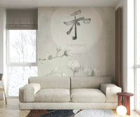 Peaceful modern interior with Japandi-style mural

