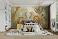 Gentle safari scene on Watercolor Jungle Friends mural

