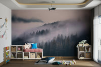 Bedroom featuring misty woodland mural backdrop

