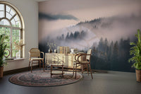 Ethereal tree silhouettes in Whispers of the Misty Woods mural

