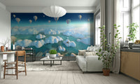 Dreamy pastel sky mural with clouds and mist

