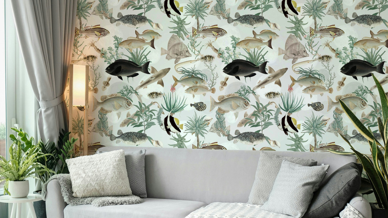 Oceania Wallpaper styled in a beach house living room

