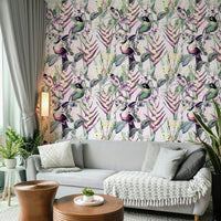 Jungle-themed wallpaper with vibrant green botanicals

