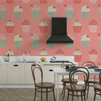 Whimsical bakery wallpaper with cupcake carousel design


