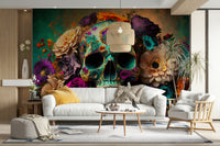 Whimsical skull and flower wall mural in artistic style

