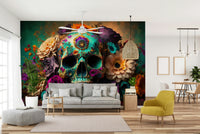 Symbolic floral skull art in celebration of life theme


