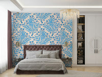 Cream and blue wallpaper with ornate floral damask pattern

