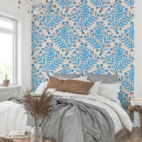 Ornamental vintage wallpaper in cream and light blue tones


