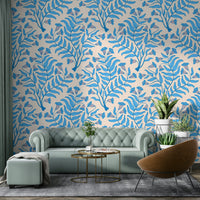 Elegant damask wallpaper with cream and blue florals

