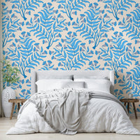 Light blue floral damask wallpaper with cream accents

