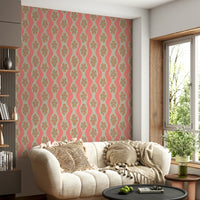 Cream and blush retro flower wallpaper with wavy lines

