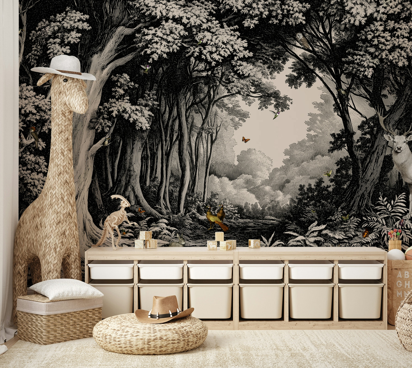 Monochrome forest mural creating a dramatic accent wall

