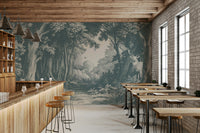 Atmospheric teal mural of dense forest landscape

