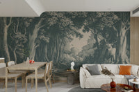 Living room with teal Into the Forest wall mural

