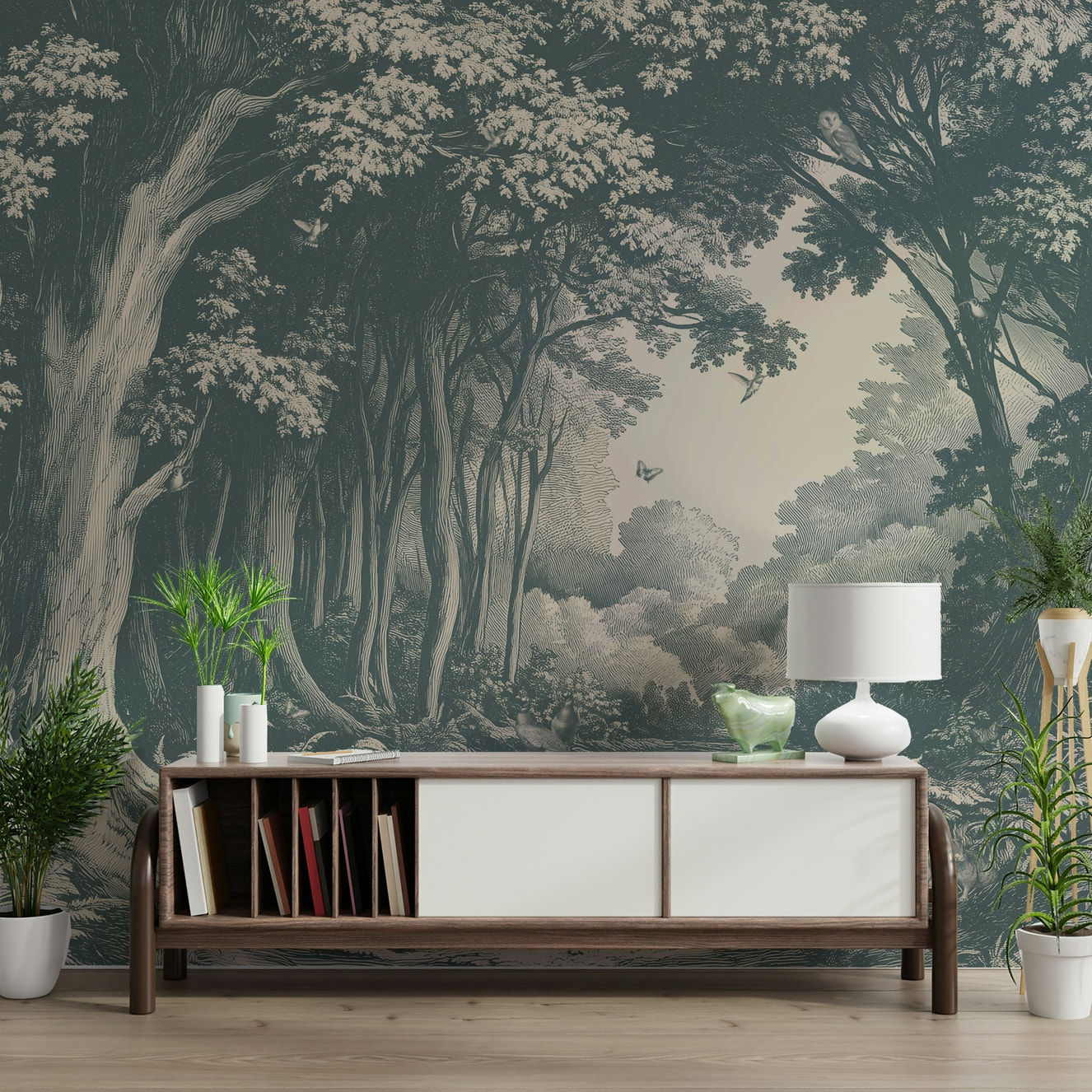 Serene woodland mural in deep teal tones

